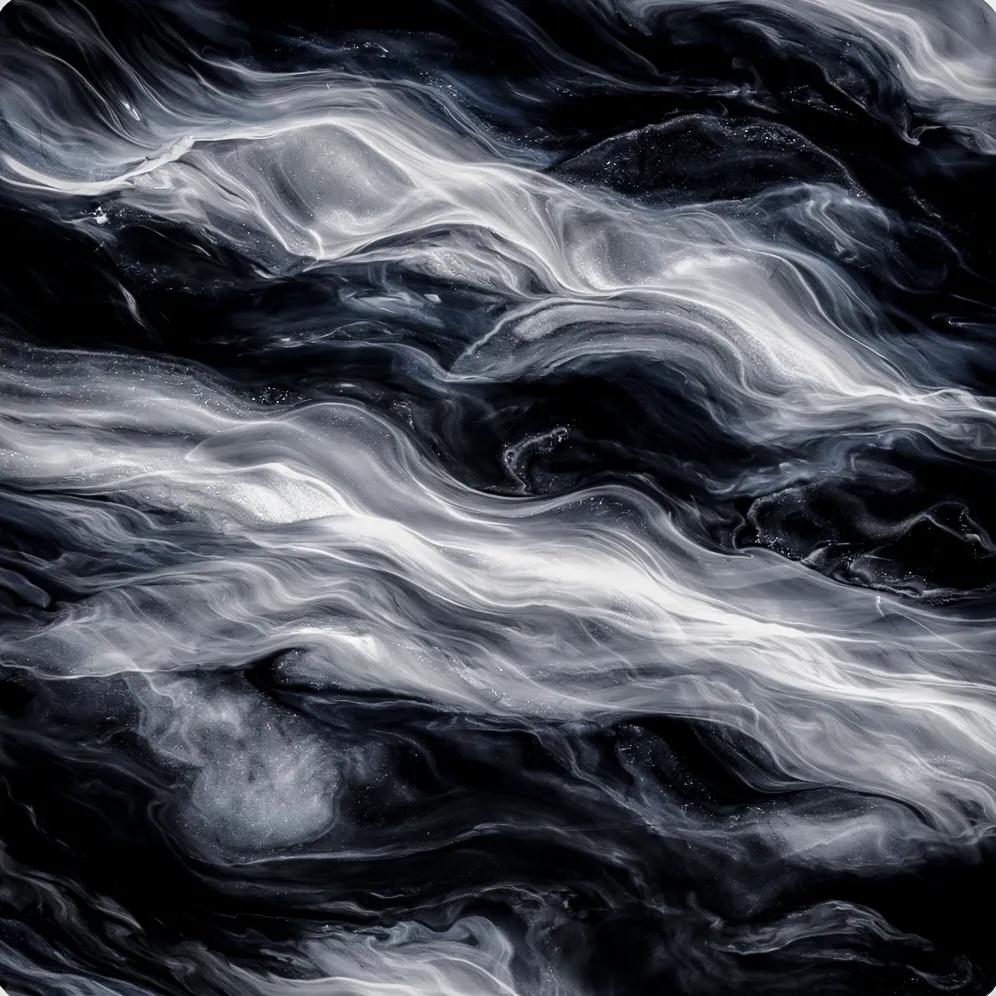 Smoke metallic epoxy floor finish - dark black and white swirls