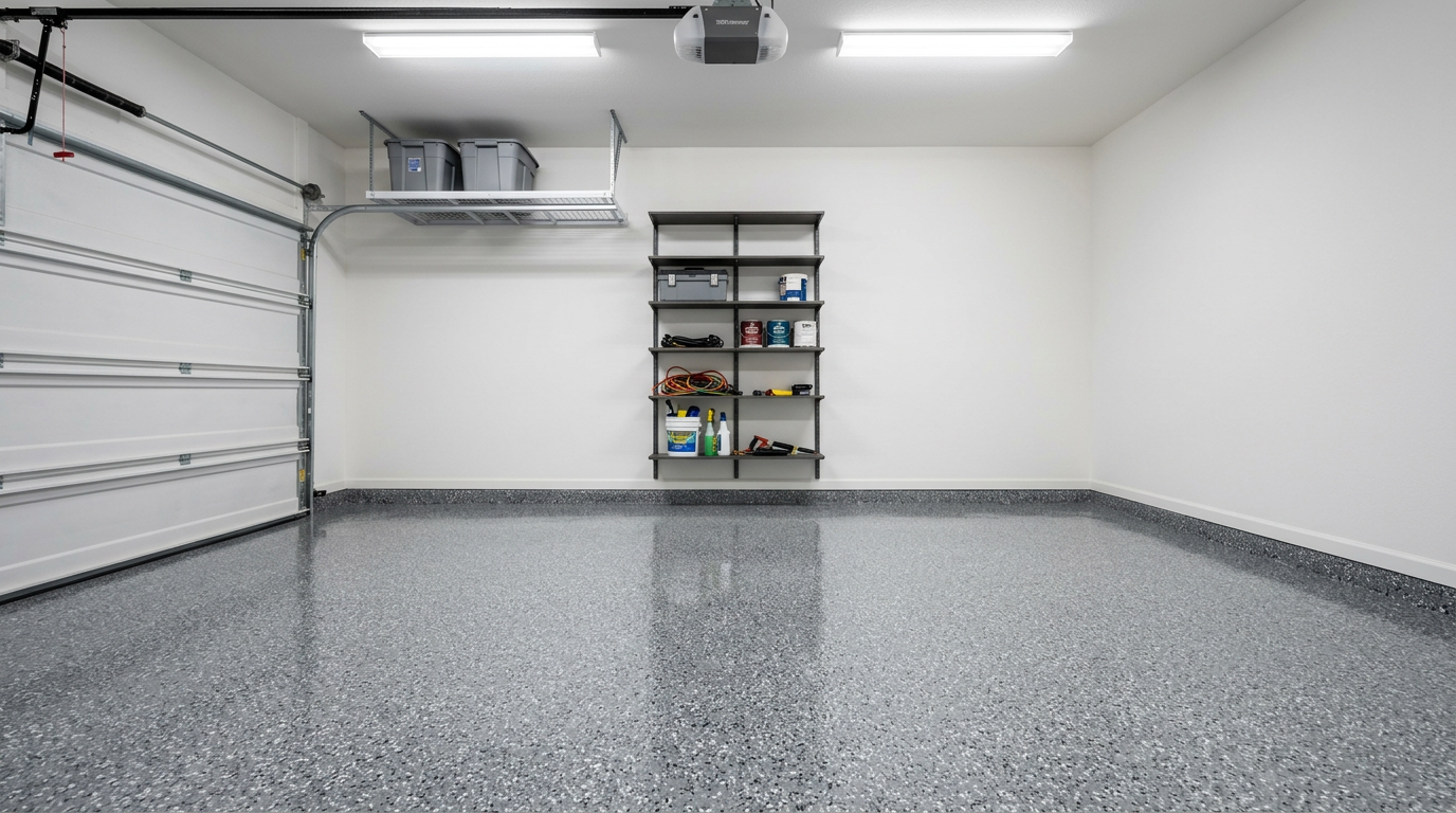 Well maintained clean flake epoxy garage floor in Calgary by Epoxy Floors Canada