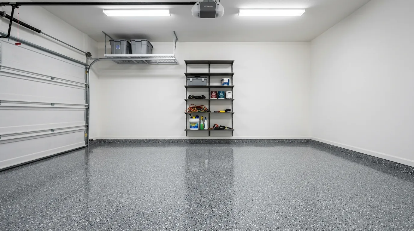 Well maintained clean flake epoxy garage floor in Calgary by Epoxy Floors Canada