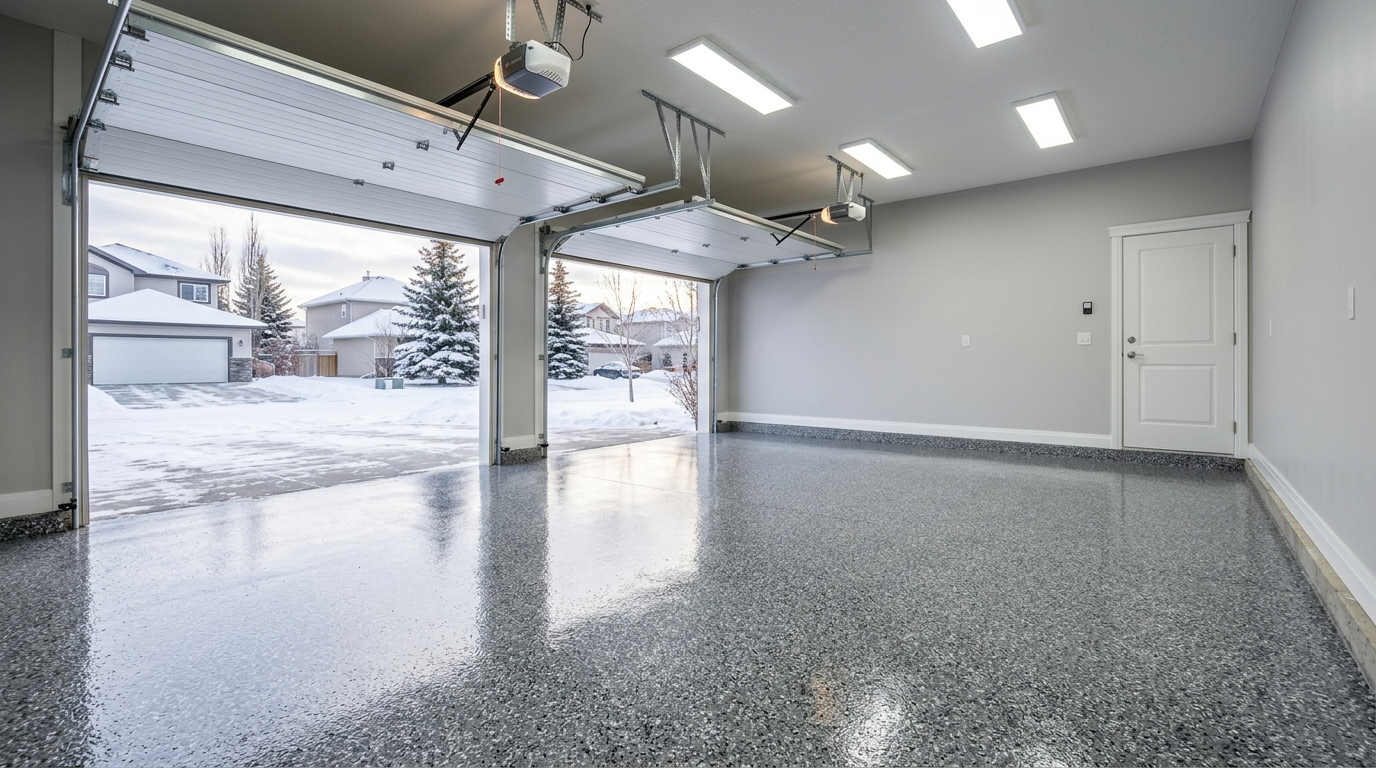 Clean finished epoxy flake garage floor in Calgary