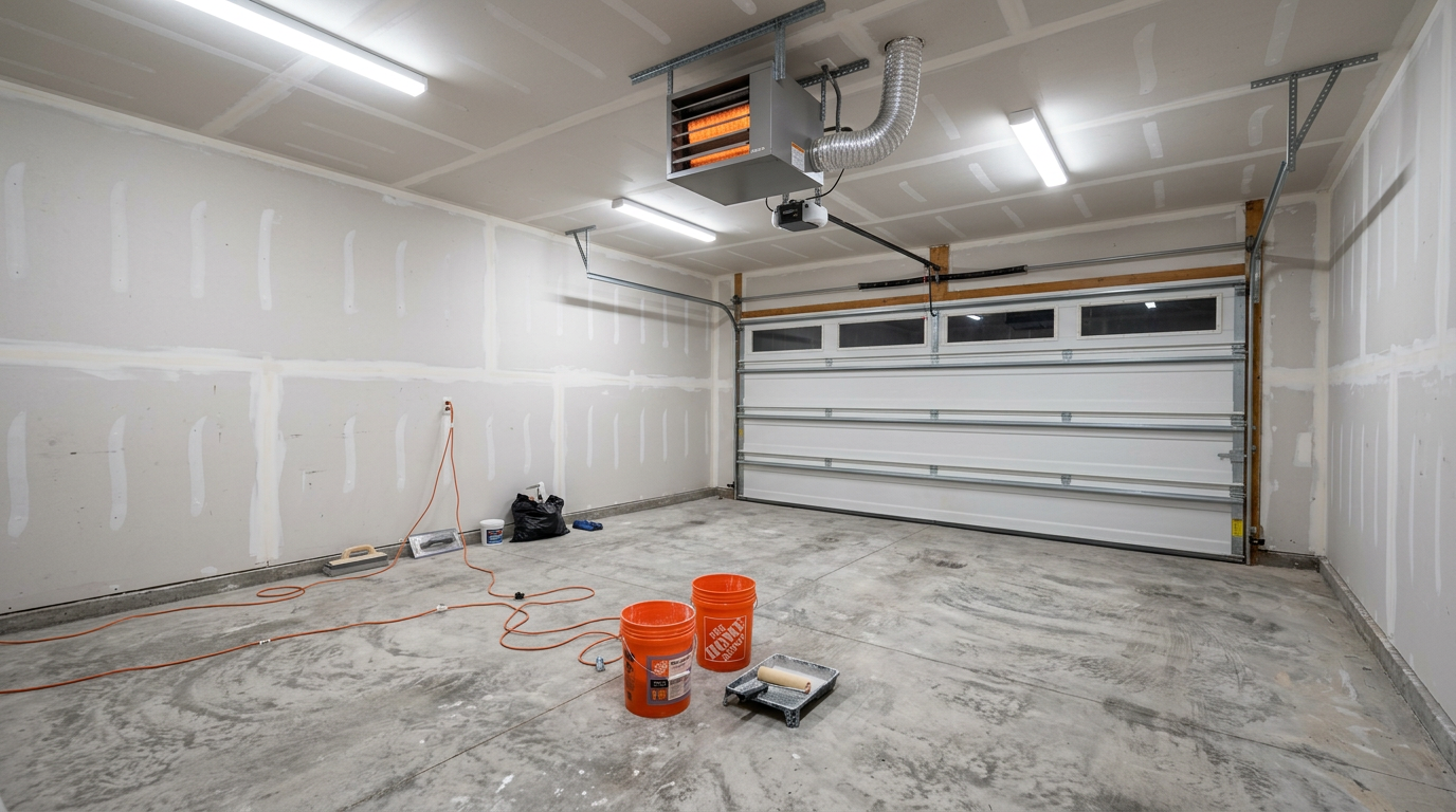 Calgary garage with construction heater for winter epoxy floor installation