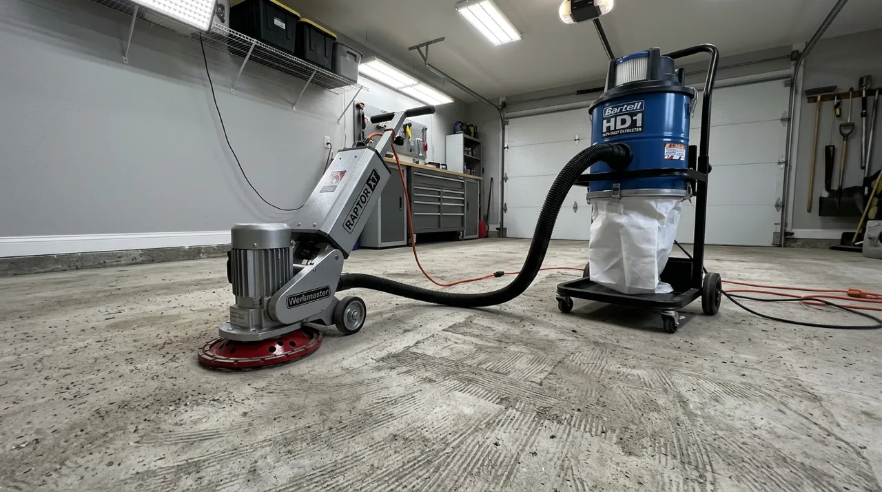 Werkmaster Raptor XT diamond grinder with HEPA dust extractor preparing concrete for epoxy