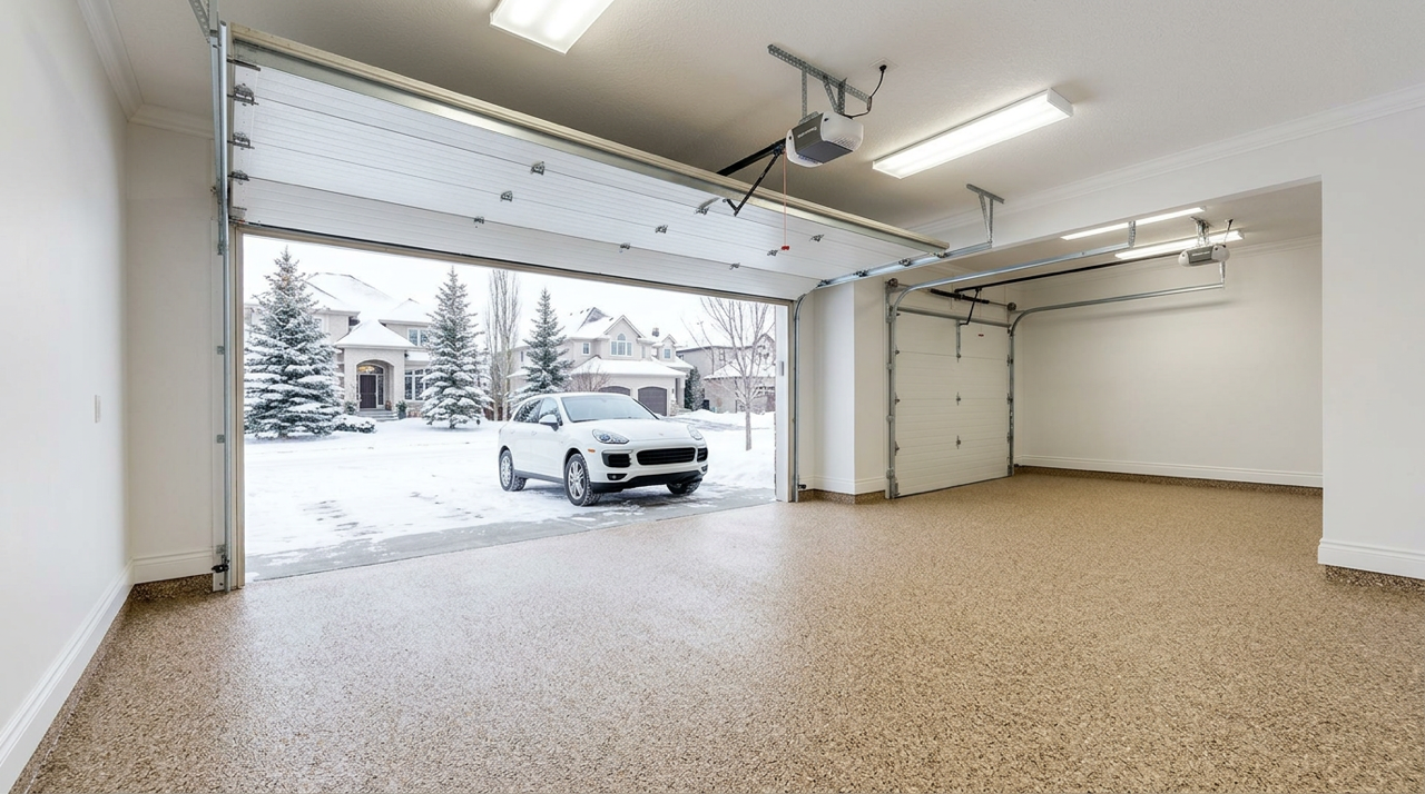 Finished quartz epoxy garage floor in Calgary — premium residential floor coating system