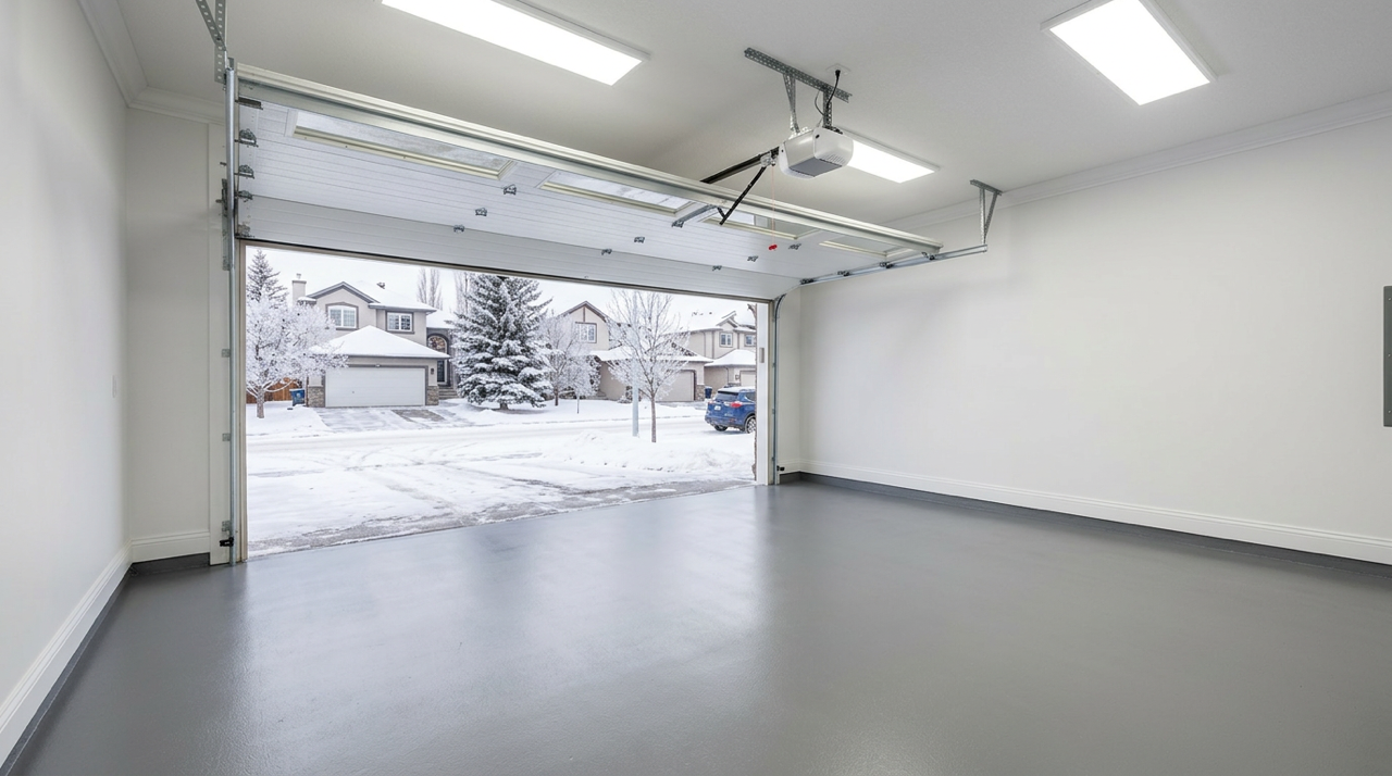 Epoxy floor installation process in a Calgary garage — heater setup for cold weather coating