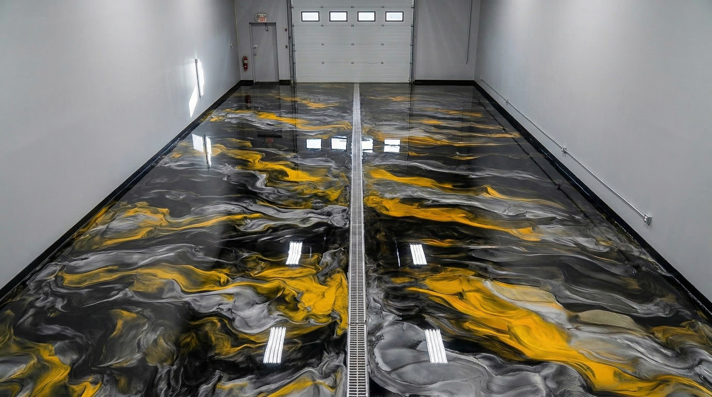 Side-by-side comparison of a garage before and after epoxy floor installation, showing plain concrete on the left and a textured beige epoxy floor on the right with storage cabinets and shelves.