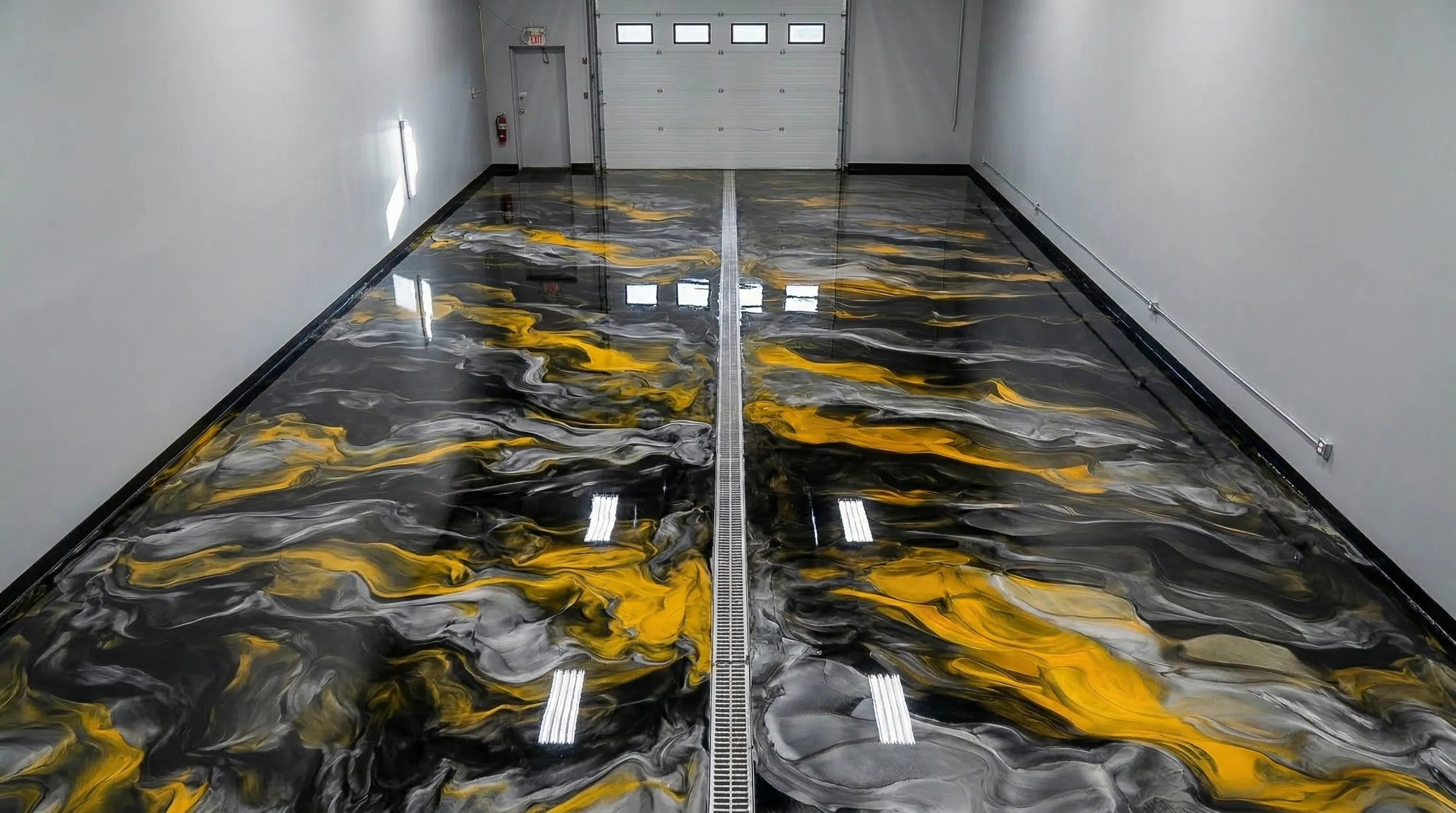 Metallic epoxy garage floor installed in Calgary residential garage