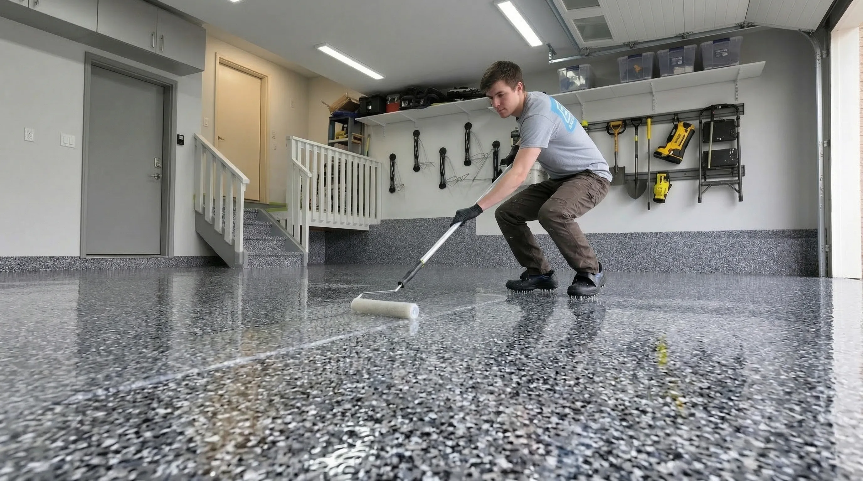 Applying polyaspartic topcoat over epoxy base on a Calgary garage floor