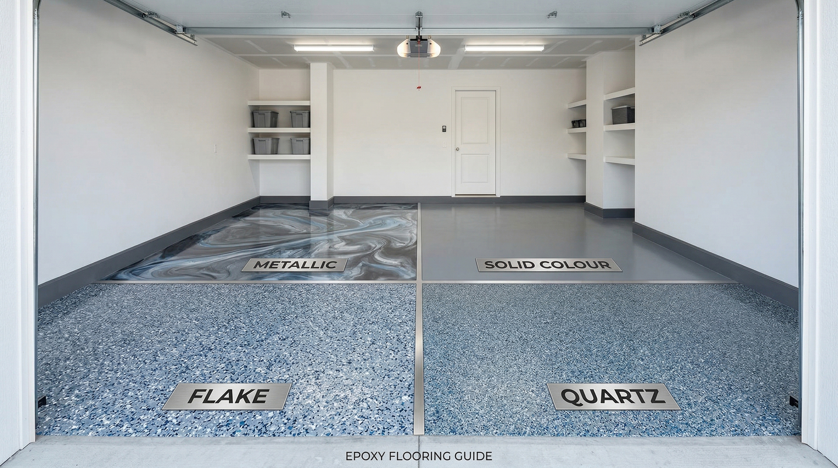 Epoxy floor system comparison showing Flake Metallic Quartz and Solid Colour options