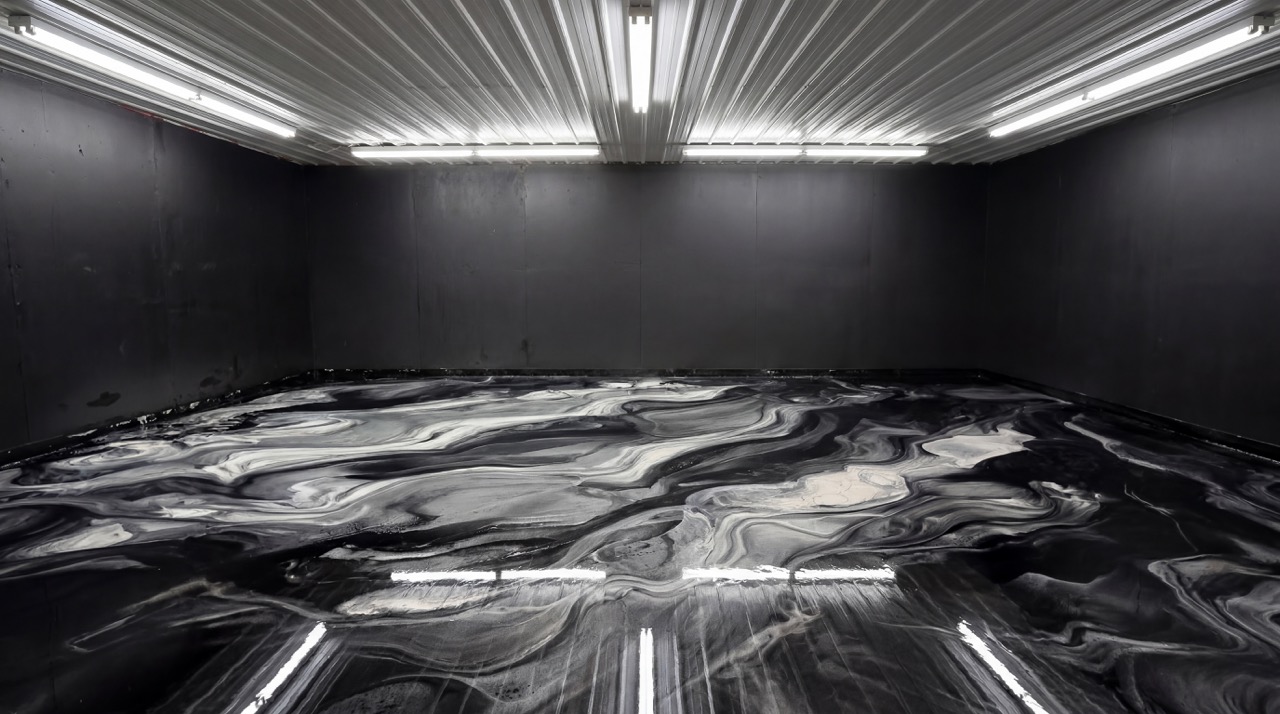 Completed blue metallic epoxy garage floor in De Winton Calgary by Epoxy Floors Canada