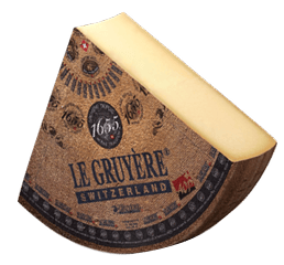 Morceau de fromage Le Gruyère Suisse avec croûte brun foncé et intérieur jaune pâle.