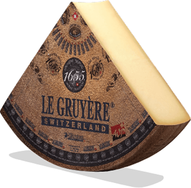 Morceau de fromage Le Gruyère de Suisse avec croûte brune et intérieur jaune pâle.