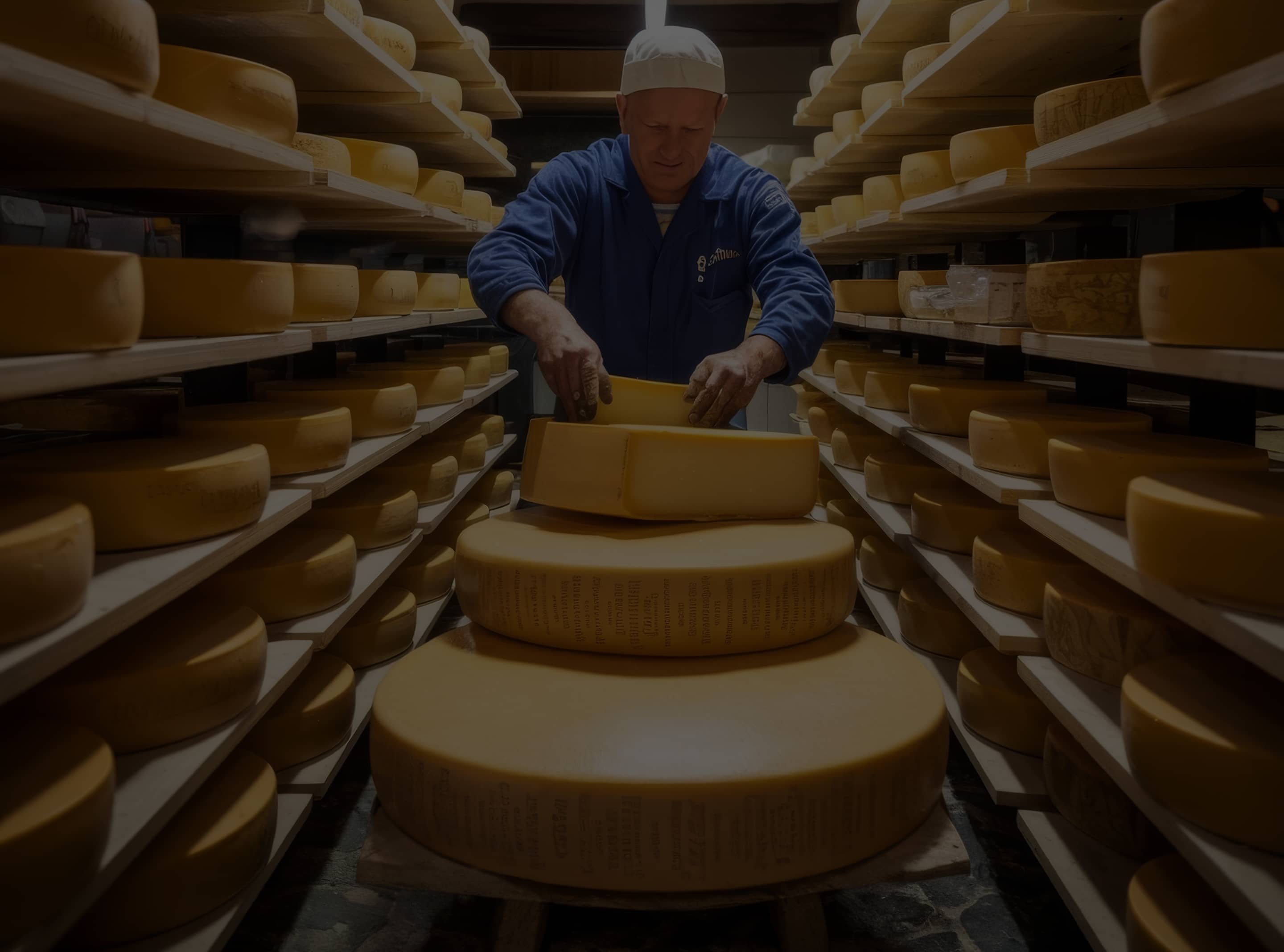 Un fromager en veste bleue et chapeau blanc manipule des grandes meules de fromage dans une cave avec des étagères remplies de fromages.