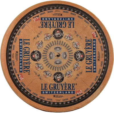 Meule de Gruyère AOP 1655 vue de dessus, avec son étiquette 1655.
