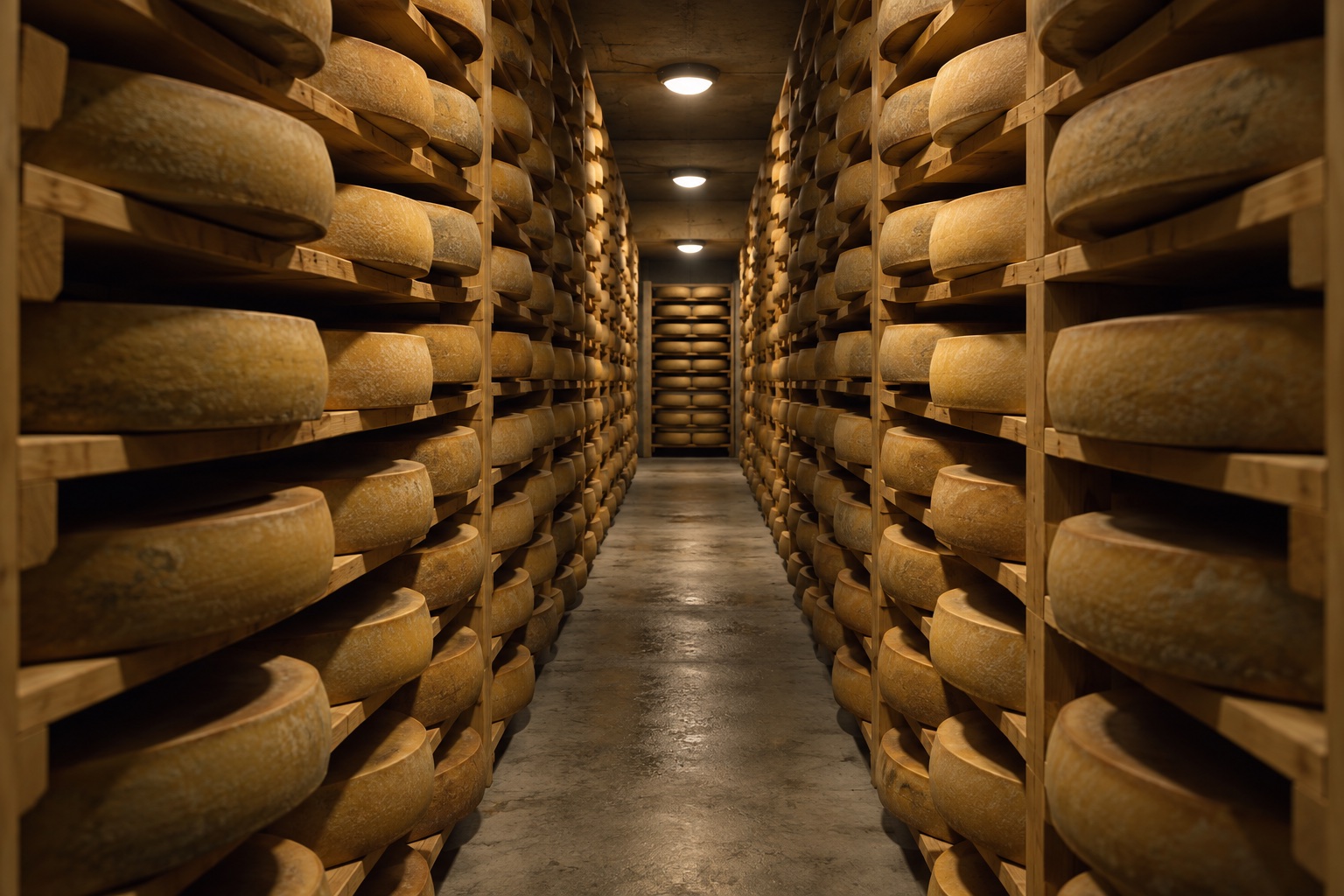 Allée d’une cave d’affinage bordée d’étagères en bois chargées de meules de Gruyère AOP.