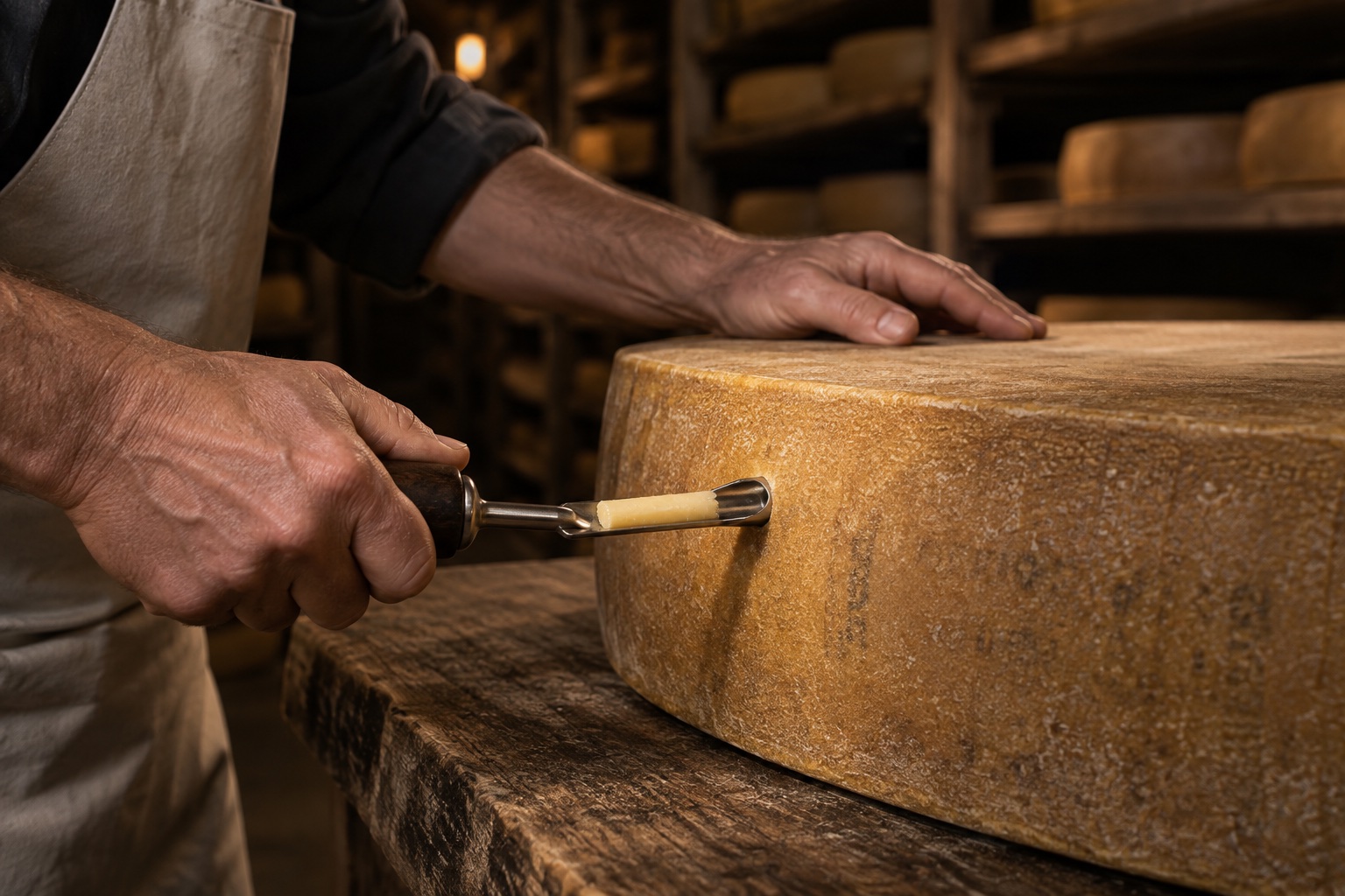 Les mains d’un affineur testent une meule de Gruyère AOP à l’aide d’une sonde.