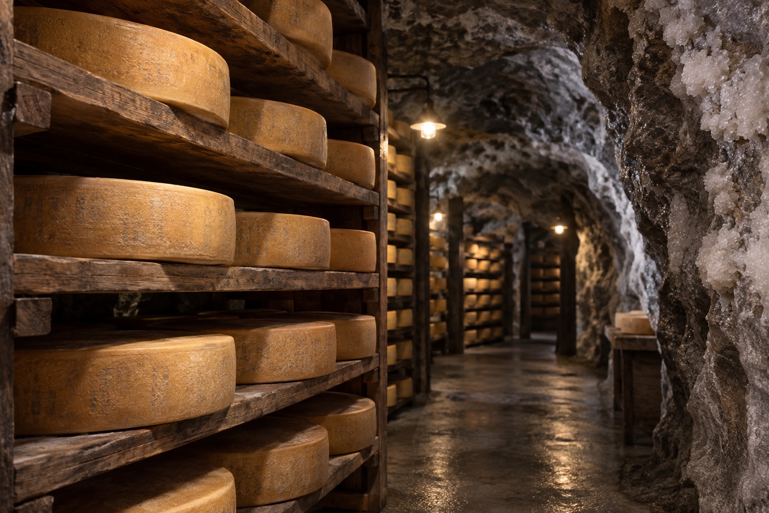 Étagères de meules de Gruyère AOP dans une galerie de mine de sel creusée dans la roche.