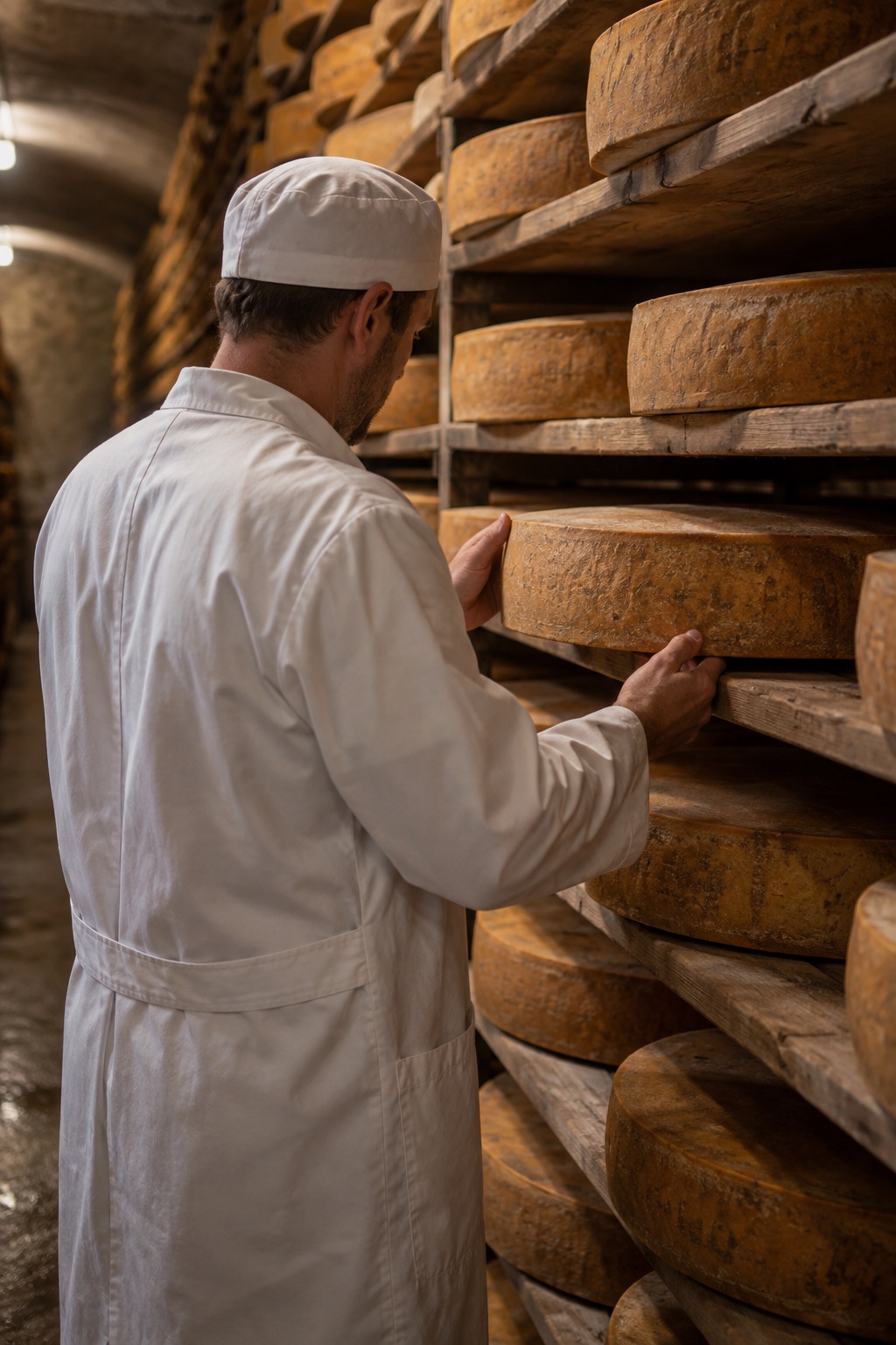 Un affineur en blouse blanche inspecte une meule de Gruyère AOP sur une étagère de cave.