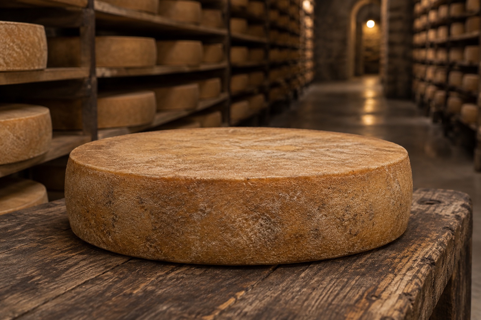 Une meule de Gruyère AOP sur une planche en bois, devant des rangées de meules en cours d’affinage.