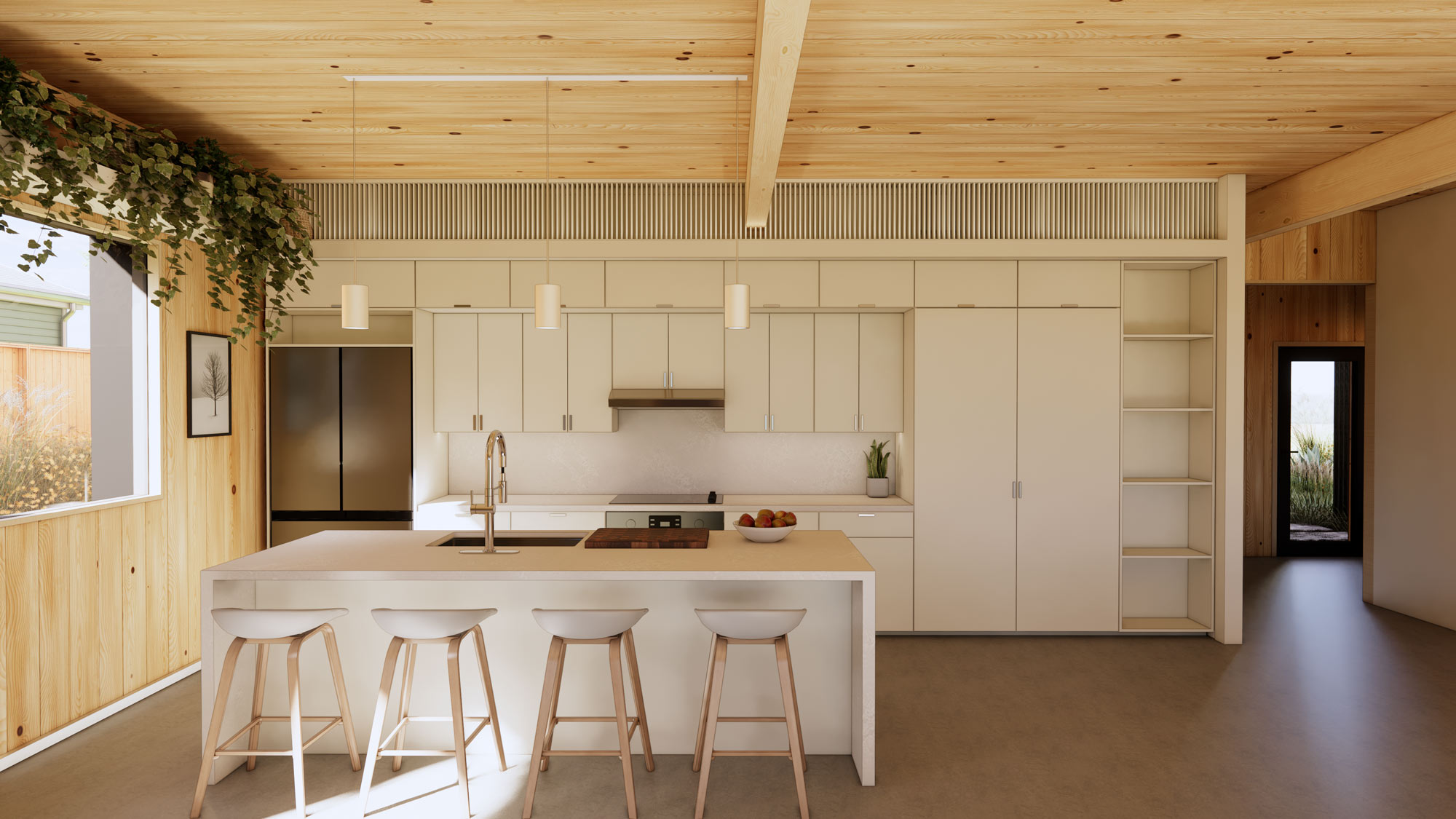Modern bathroom with wood wall, dual sinks, large mirror, built-in shelving with towels, and a bathtub by a window.