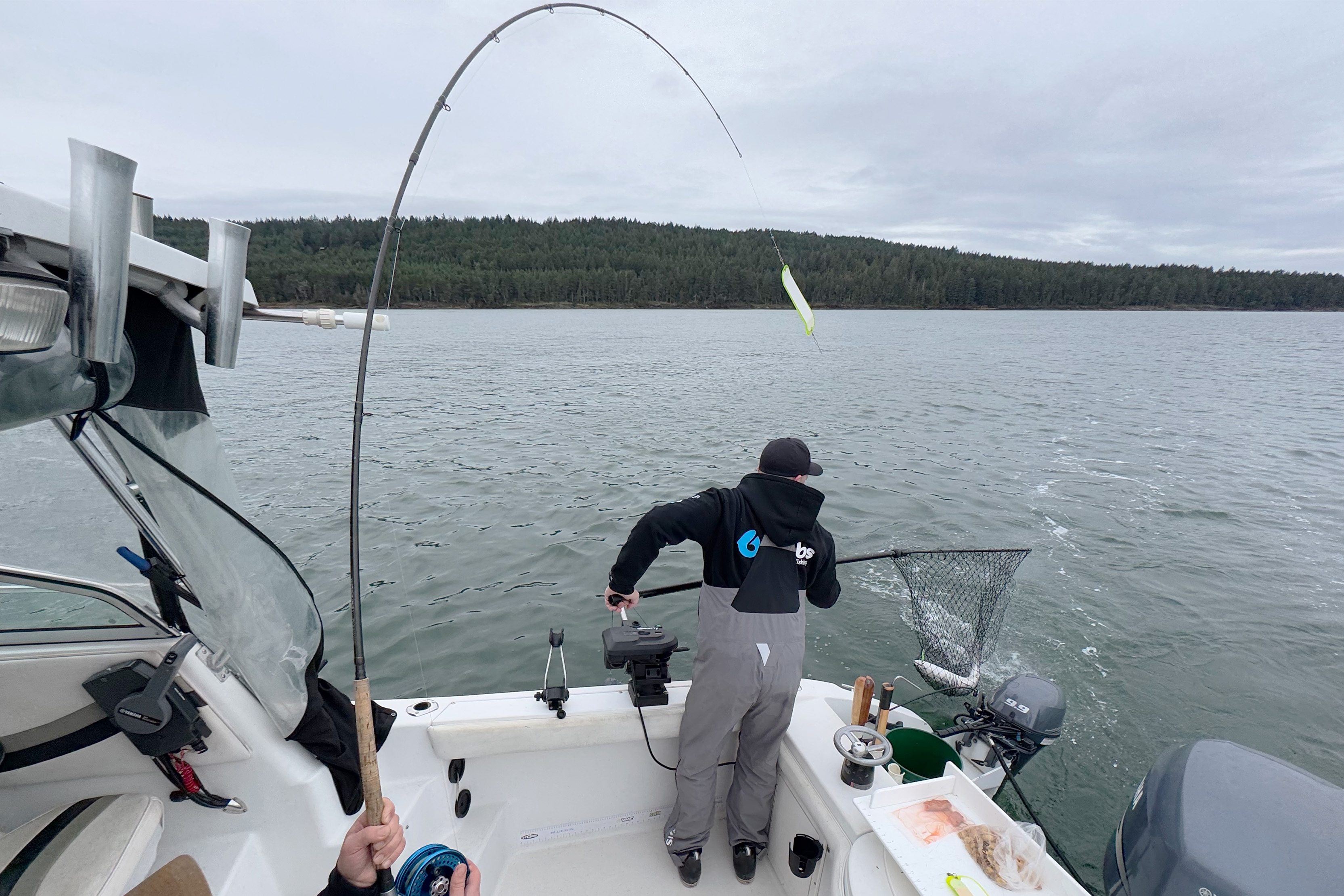 Two people fishing on a boat; one is reeling in a fish, and the other is holding a net to catch it against a backdrop of forest and water.