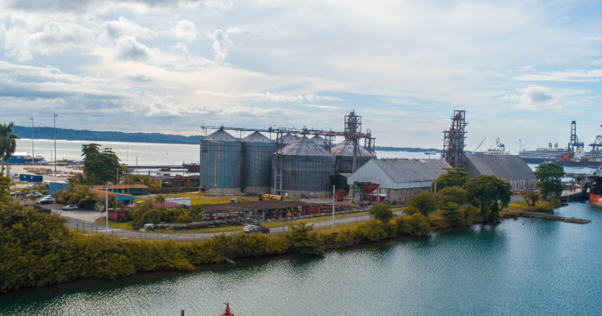 Terminal marítima DEPSA en Colón Panamá con silos de almacenamiento de granos