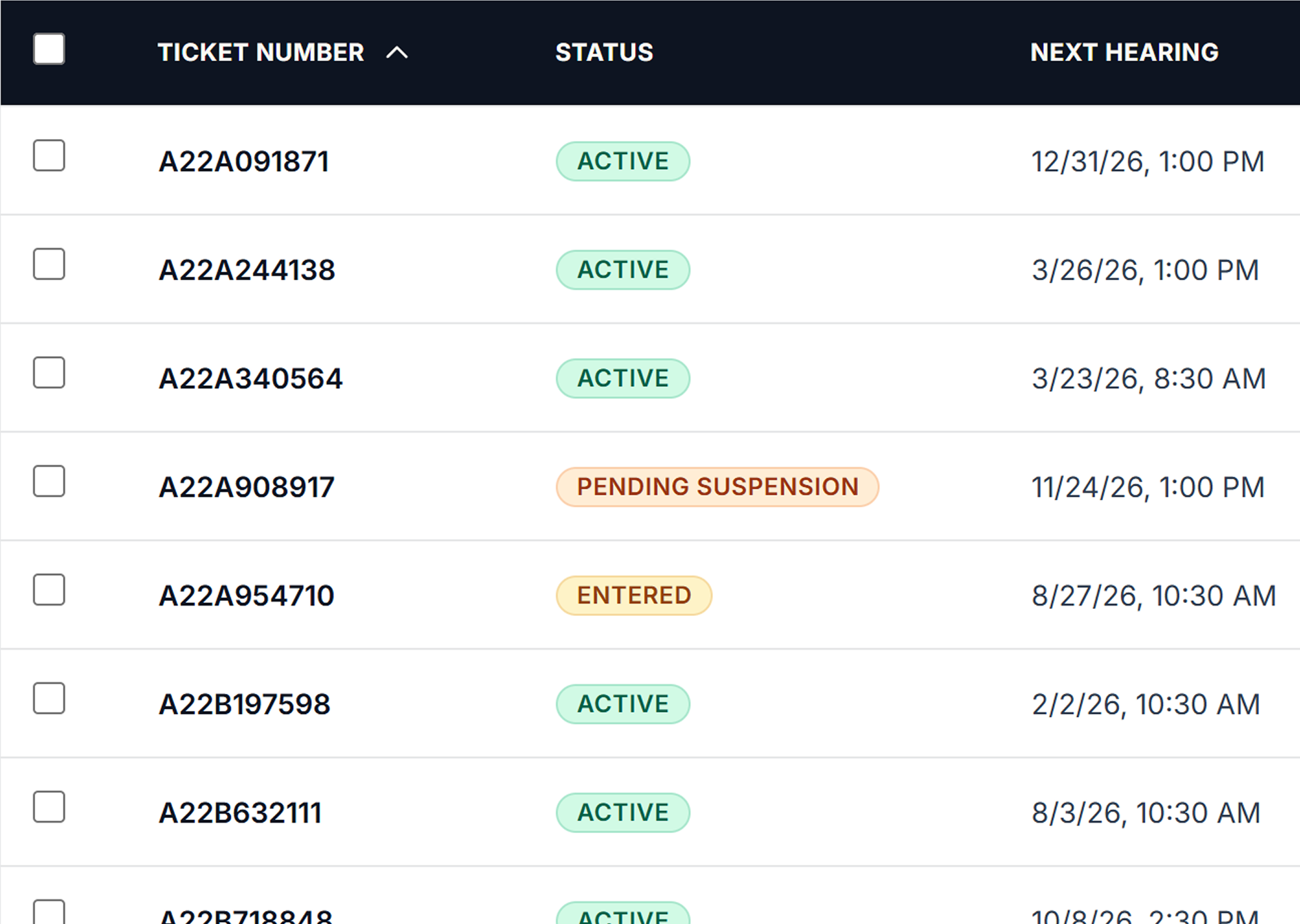 Docket Central Ticket table