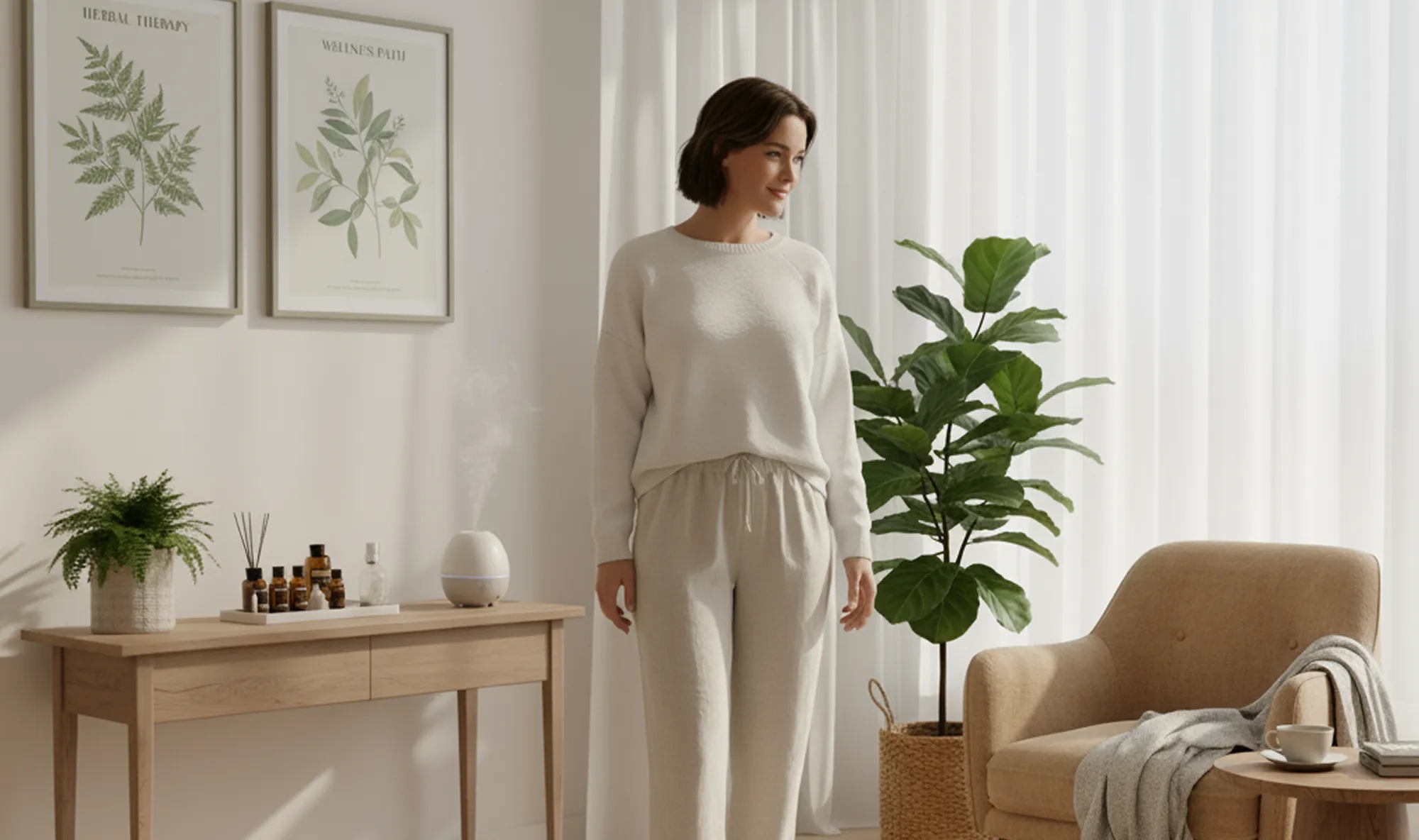Woman in white sweater and beige pants stands in a cozy room with indoor plants, a wooden table with essential oils, and a beige armchair with a gray blanket and cup.