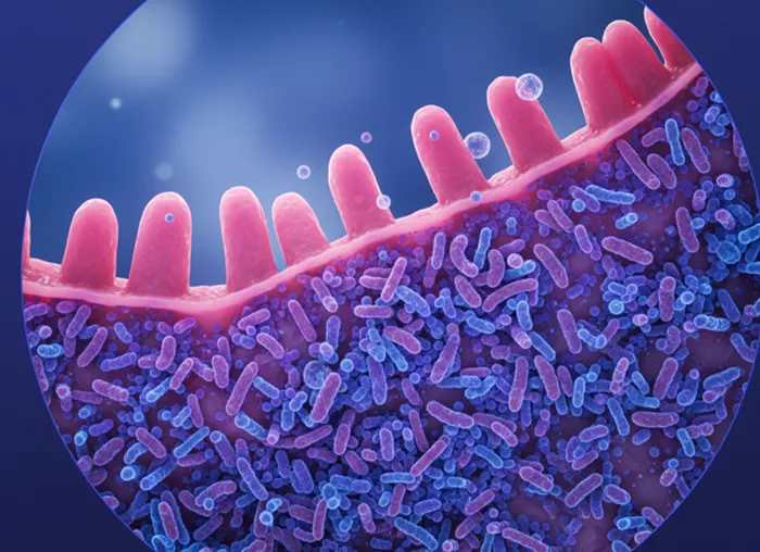 Close-up illustration of gut lining with pink intestinal villi and dense clusters of blue and purple bacteria.