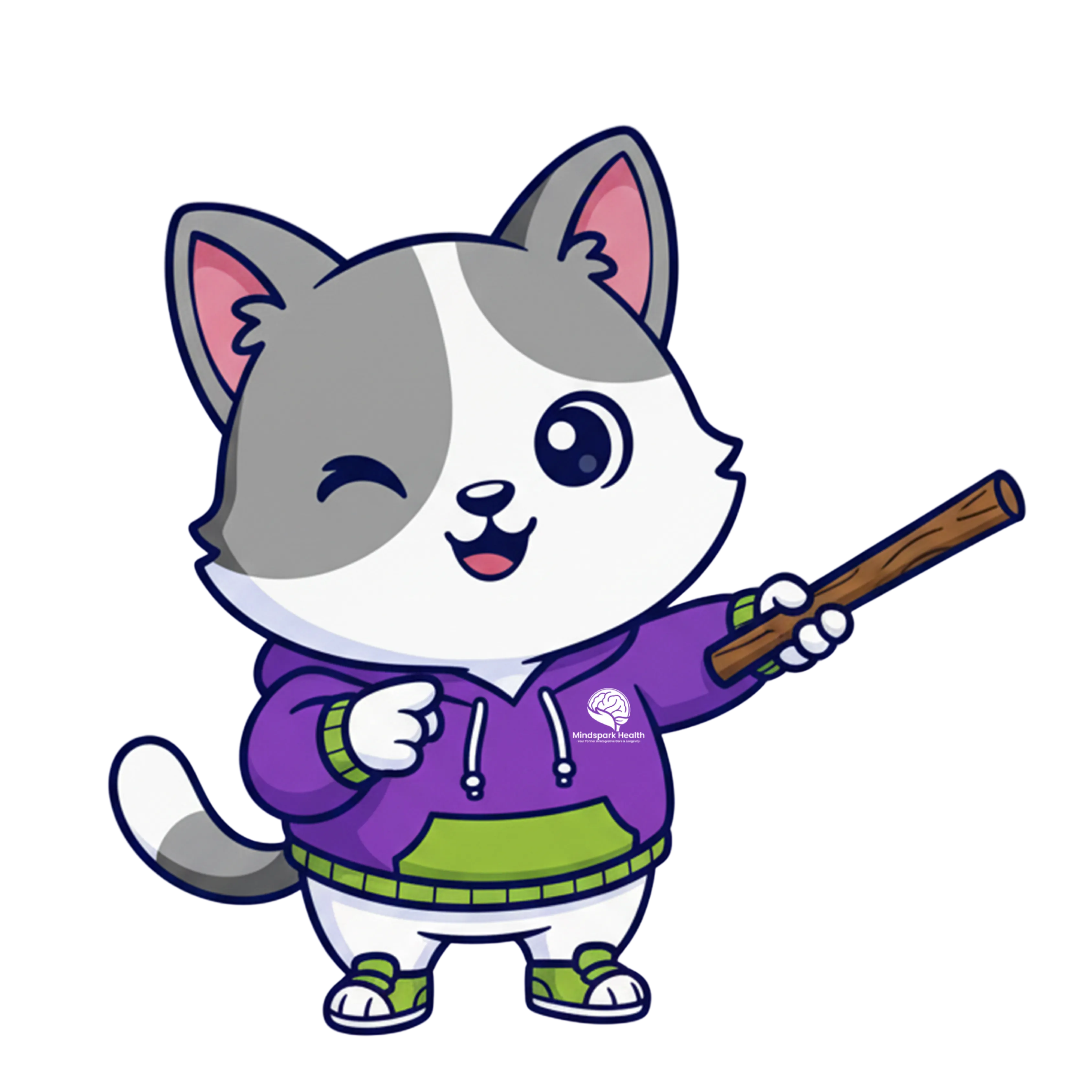 Cartoon gray and white cat wearing a purple hoodie with green accents, winking and holding a brown stick.
