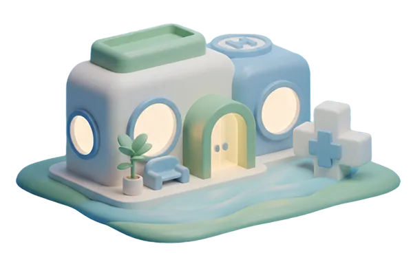 3D illustration of a small hospital building with a green and blue color scheme, featuring a cross symbol, round windows, a plant, and a bench.