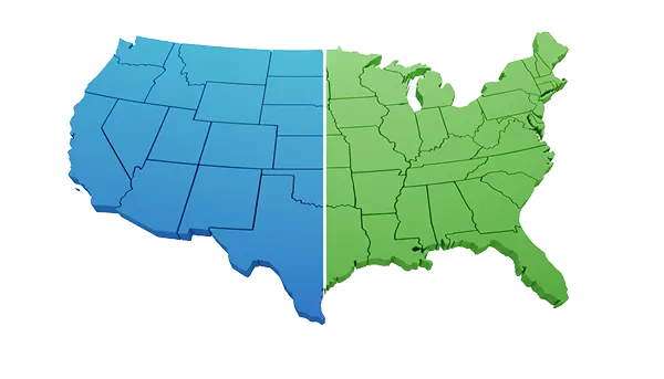 Map of the United States divided into western states in blue and eastern states in green with state borders outlined.