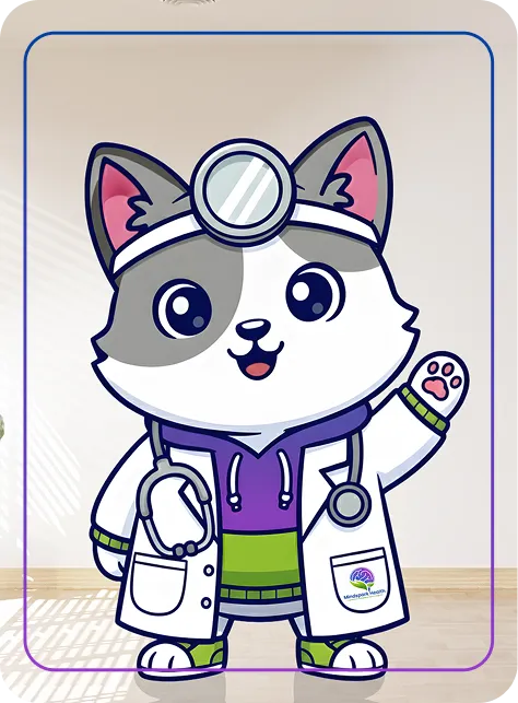 Cartoon husky dog wearing a white doctor's coat, purple and green hoodie, head mirror, and holding a stethoscope, waving with a paw that has a pink pad.
