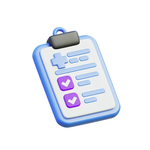 3D illustration of a clipboard with a medical cross and two purple checkboxes with check marks on a white paper.