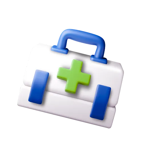 White medical kit with blue handle and latches and a green cross on the front.