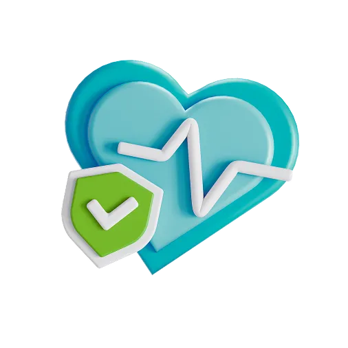 Blue and teal heart with a white heartbeat line and a green shield with a white checkmark symbolizing health and protection.