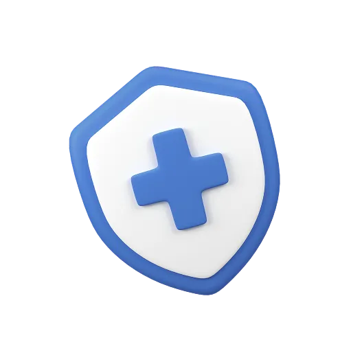 Blue shield with a raised blue medical cross on a white background.