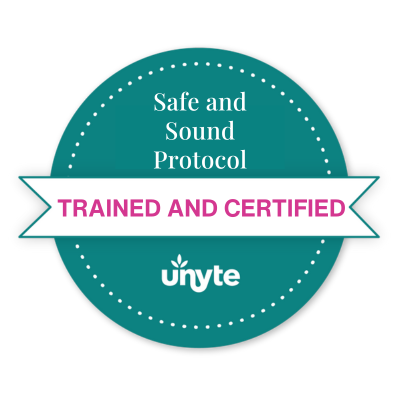 Badge with text 'Safe and Sound Protocol TRAINED AND CERTIFIED' and the Unyte logo.