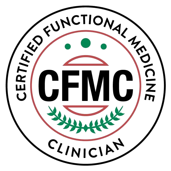 Seal with text 'Certified Functional Medicine Clinician' encircling 'CFMC' initials with decorative green leaves and dots.