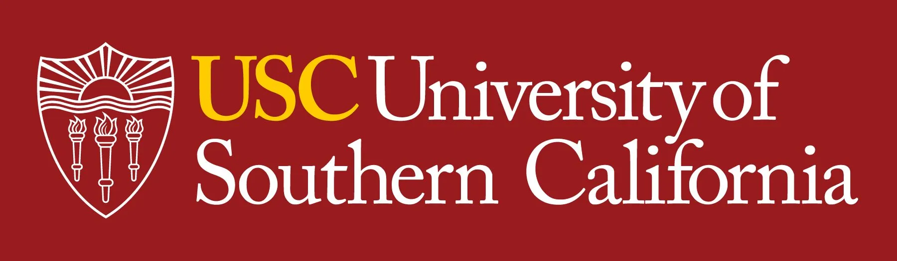 University of Southern California logo with a white shield featuring three torches and a sun, next to the text 'USC University of Southern California' on a red background.
