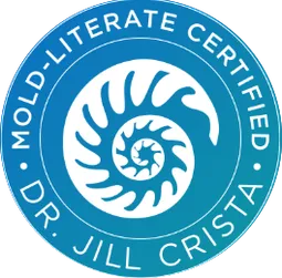 Seal with a blue spiral shell design and text reading 'Mold-Literate Certified Dr. Jill Crista'.