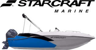 Side view of a white and blue Starcraft motorboat with an outboard engine.