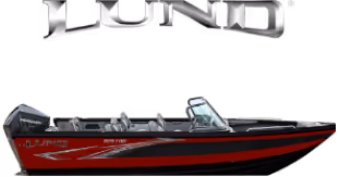 Red and black Lund fishing boat with Mercury outboard motor and windshield.