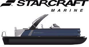 Side view of a gray and blue Starcraft pontoon boat with a black hull and a canopy.