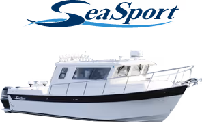 SeaSport logo above an image of a white and black cabin cruiser boat.