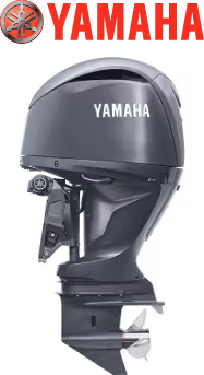 Yamaha outboard motor with Yamaha logo in red and emblem above it.