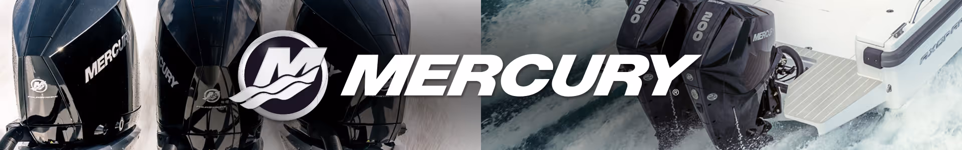 Three black Mercury outboard boat motors in water with Mercury logo in white overlay.