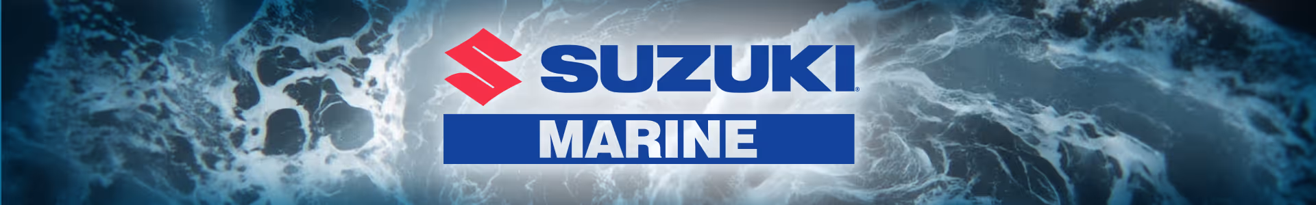 Suzuki Marine logo over a background of turbulent ocean water with white foam.