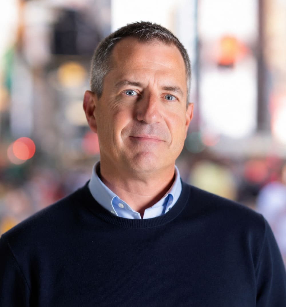 A portrait of Tim Braz against a blurry cityscape background.