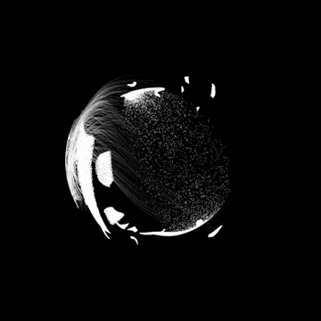 Animated black and white sphere with flowing hair-like strands and particle dispersion effect rotating on a black background.