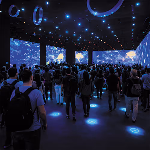 Crowd of people viewing large immersive digital underwater projections in a dark exhibition space.